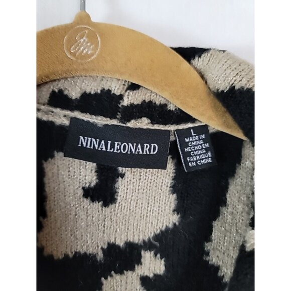 Nina Leonard Cardigan Duster Sweater L Black Tan Leopard Print Soft Oversized - Picture 3 of 11